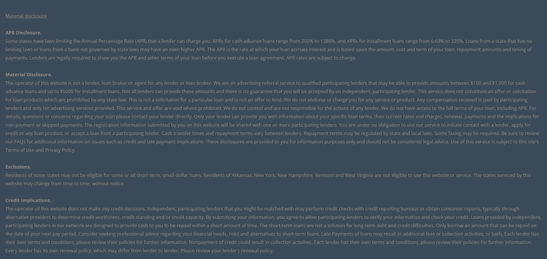 Material disclosure for payday loans in Costa Mesa California